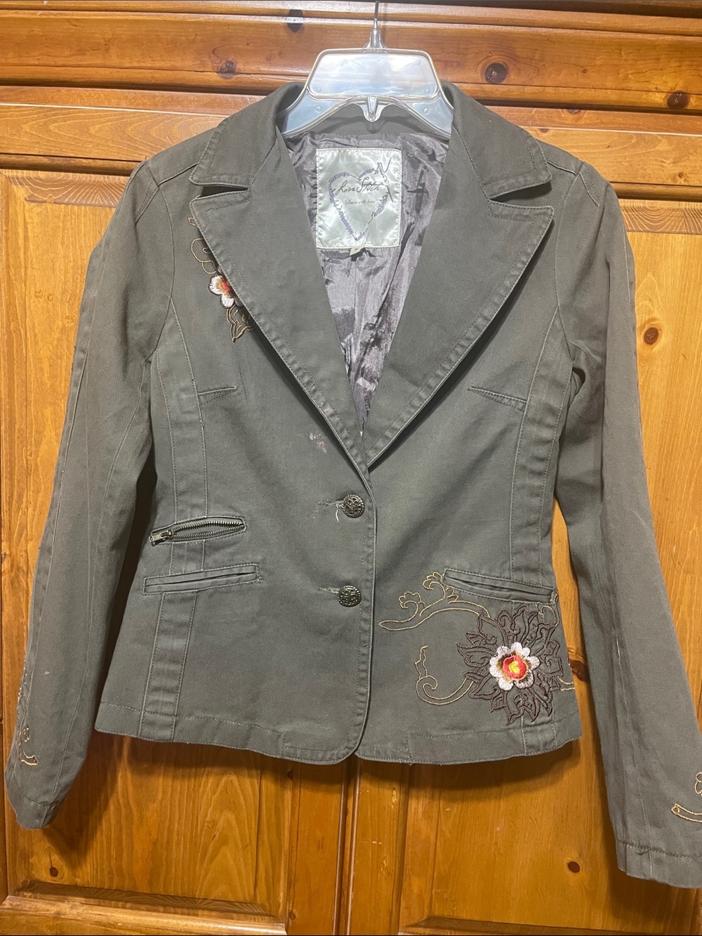Vintage Love Stitch Olive Green Embroidered Blazer Jacket